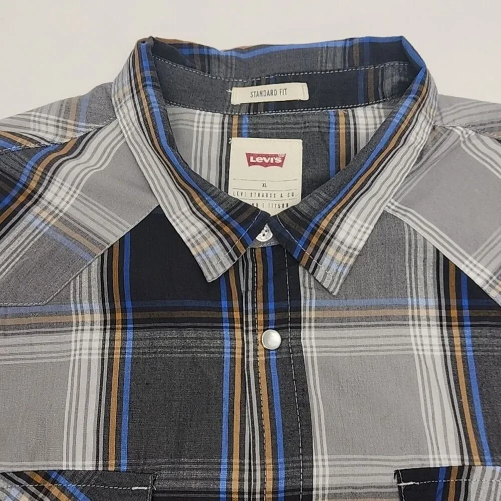 Levi's Shirt Western Cotton Pearl Snap Blue Gray Plaid Men Sz XL Standard Fit